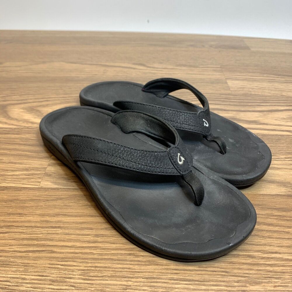 Olukai OHANA Women’s 8 Black Leather Flip Flops‎ Beach Thong Slide Sandals